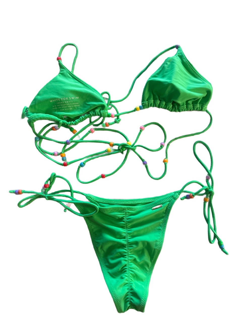 White Fox Boutique Green String Bikini with Bead Accents - Picture 2 of 5